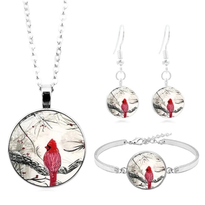 Parure de bijoux oiseau cardinal argentée avec collier bracelet et boucles d'oreilles