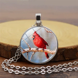 Vintage Cardinal Bird Glass Time Gem Pendant Necklace Silver Plated Alloy Chain Winter Nature Animal Jewelry For Women