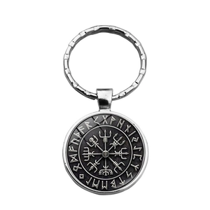 Vintage silver Viking Vegvisir compass keychain with ancient Runic alphabet engraving