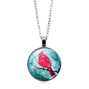 Artistic cardinal bird glass dome pendant necklace with silver link chain and tree branch motif