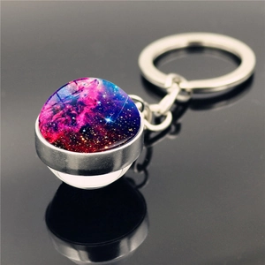 Porte-clés boule de verre cristal nébuleuse galaxie double face avec chaîne en argent