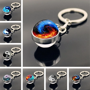 Yin Yang Tai Chi Time Gem Keychain Zinc Alloy Double Sided Glass Ball Pendant Dragon Mandala Pattern Key Ring Jewelry Gift