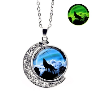 Collier loup lumineux avec pendentif lune rotatif double face pour femmes