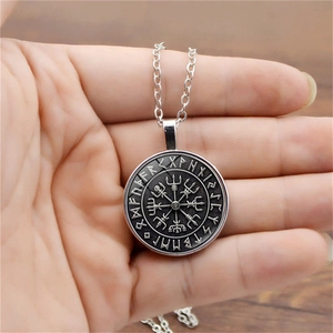 Vintage Viking compass pendant necklace with rune symbols in antique silver finish