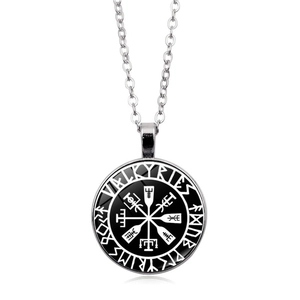Close-up of Viking compass pendant with Valkyries runes and silver alloy chain
