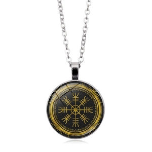 Viking Helm of Awe glass pendant necklace with silver chain on white background