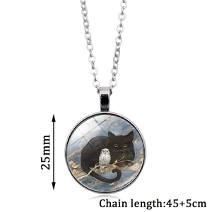 Collier rond avec pendentif chat noir et hibou, chaîne argentée ajustable 45+5cm