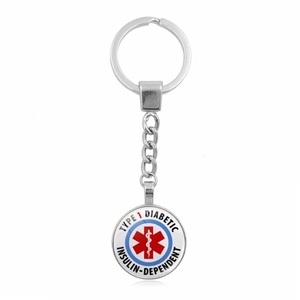 Silver Type 1 Diabetes medical alert keychain with Star of Life symbol on white background