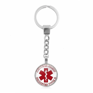 Silver medical alert keychain for type 2 diabetes with red star of life symbol