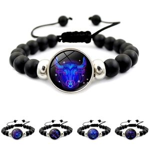 Handmade Zodiac Constellation Beaded Bracelet Matte Black Beads Adjustable Glass Cabochon Bracelet For Men Women Couple Jewelry Birthday Gift