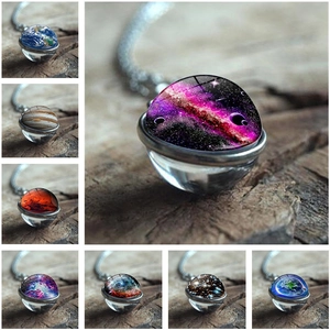 Collier Pendentif Boule de Verre Galaxie Nébuleuse Terre Vintage Univers Espace Bijoux Chaîne Argentée Unisexe
