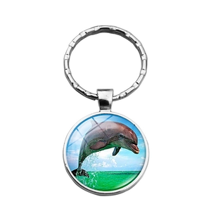 Détail d'un porte-clés dauphin argenté avec pendentif en verre paysage marin