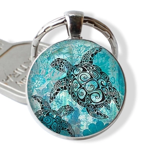 Porte-clés Vie Marine Tortue de Mer Dauphin en Alliage Dôme en Verre Anneau en Métal Pendentif de Sac Cadeau Femme Homme