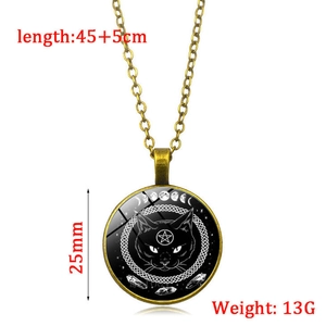 Detail view of 25mm black cat moon phase pendant with 45+5cm bronze chain specs