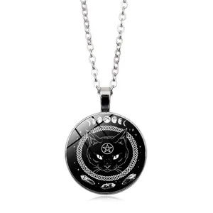 Gothic black cat necklace with silver pentagram moon phase pendant for women