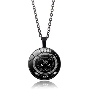 Gothic black cat pendant necklace with pentagram and moon phases in vintage punk style