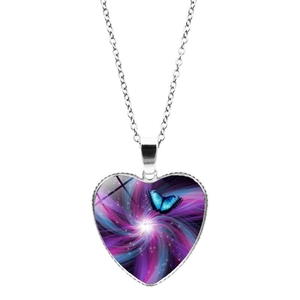 Silver necklace with heart-shaped pendant featuring a blue butterfly on a cosmic background