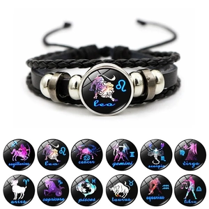 Bracelet Vintage Lumineux Douze Signes du Zodiaque Multicouche Tissé à la Main Cuir Synthétique Réglable Bijoux de Charme