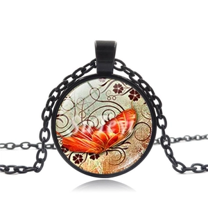 Vintage style butterfly glass gem pendant necklace with artistic patterns and black chain