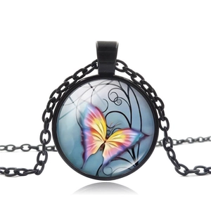 Vintage glass dome necklace featuring colorful butterfly pendant on black alloy chain