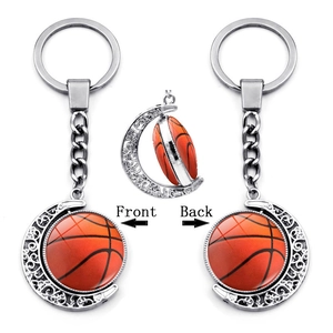 Rotating basketball moon keychain with double-sided design and silver moon pendant