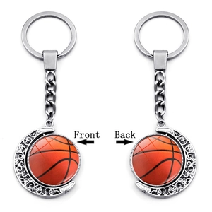 Detail showing front and back view of rotatable basketball moon pendant keychain