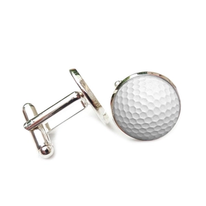 Silver golf ball cufflinks for men's French shirts featuring white textured patterns