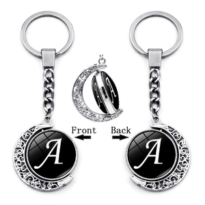 Vintage Zinc Alloy Rotating Moon Keychain Initial Alphabet Pendant Time Gem Double Sided Metal Key Ring Gift For Women