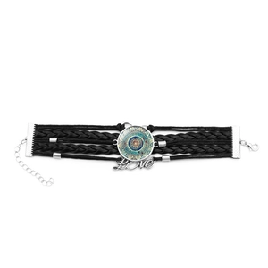 Multilayer black leather flower of life bracelet with infinity love charm and mandala