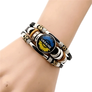 Handmade multilayer leather bracelet featuring Ukraine flag sunflower and beads for women