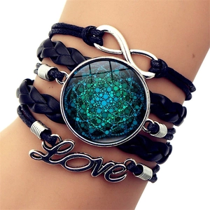 Black leather multilayer bracelet with infinity symbol, Love charm and mandala glass charm