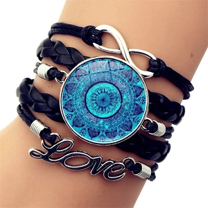 Bohemian multi-layer leather bracelet with Infinity Love charms and mandala charm