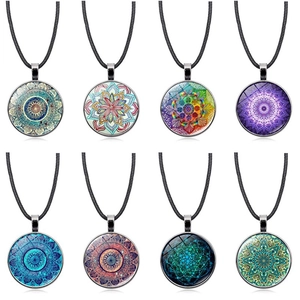 Bohemian Mandala Flower Of Life Pendant Necklace Vintage Alloy Glass Cabochon Sweater Chain For Men Women Jewelry Accessory