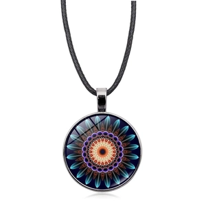 Detail of mandala flower glass pendant necklace with intricate purple geometric patterns