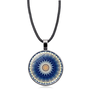 Detail showing the intricate blue mandala pattern under a glass cabochon pendant