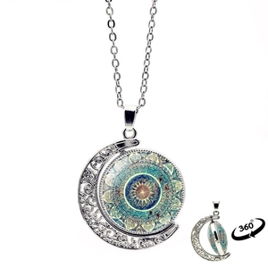 Collier Pendentif Vintage en Alliage Croissant de Lune Rotatif à 360 Degrés Double Face Mandala Verre Cabochon Bijoux Bohème