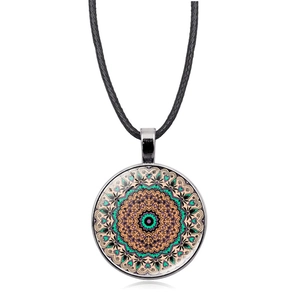 Macro view of Bohemian Mandala flower of life glass dome pendant with silver metal frame