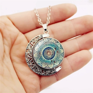 Collier pendentif lune rotatif fleur de vie mandala avec longue chaîne argent