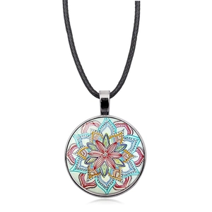 Mandala Flower of Life glass pendant necklace with black cord and silver alloy frame