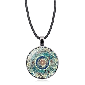Bohemian mandala flower crystal glass pendant necklace with a black cord chain