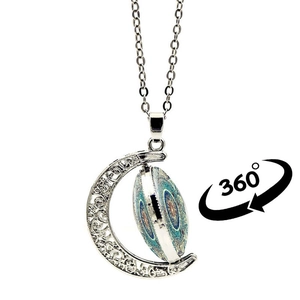 Collier pendentif lune Fleur de Vie mandala rotatif avec sphère en verre pivotante à 360°