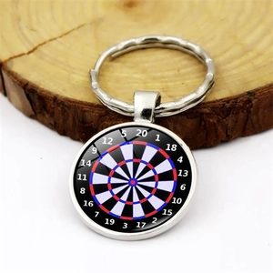 Dartboard pendant keychain with silver metal frame and colorful target pattern on wood