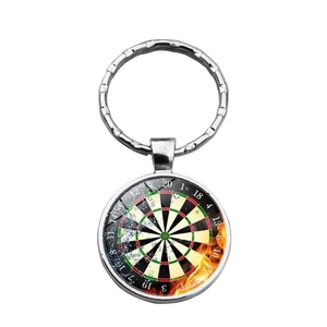 Dartboard keychain with creative ice and fire design in a silver metal frame pendant