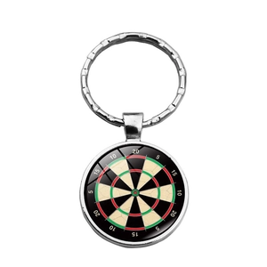 Macro detail of silver metal keychain with glass dartboard pattern and numeric dial