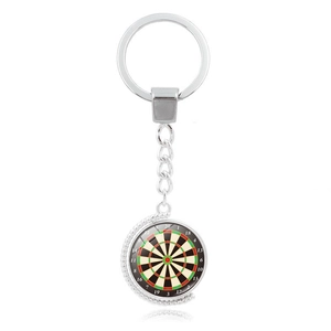 Spinning metal dartboard keychain with colorful scoring target and silver ring