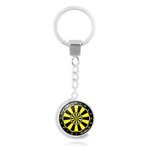 Creative metal keychain with a rotating yellow and black dartboard pendant for sport fans