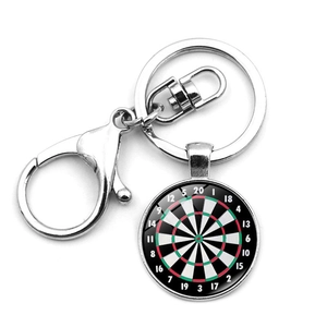 Polished metal dartboard keychain featuring 1-20 numbering and classic green red segments