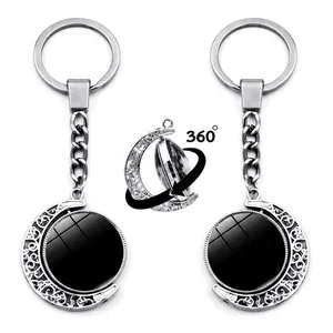 Double-sided 360 rotating moon crescent keychain with personalized round metal pendant