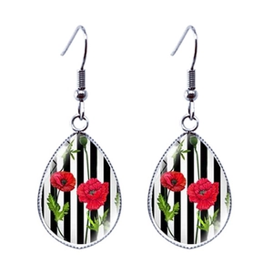 Silver teardrop hook earrings with red poppy flowers on black and white striped pattern