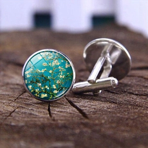 Artistic Van Gogh Almond Blossom silver cufflinks with glass cabochon for men shirts